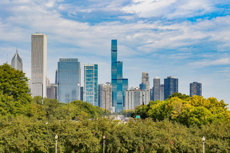 Sunny view of the downtown cityscape at Chicagoの写真素材