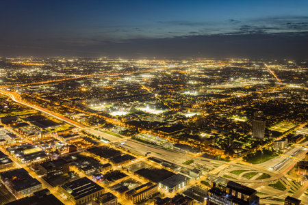 Sunset aerial view of the downtown landscape from the Willis Tower at Chicagoの写真素材