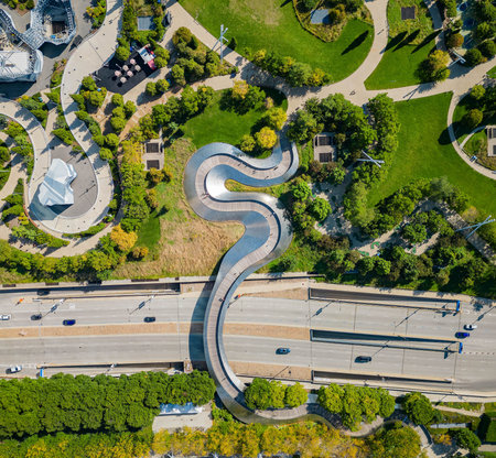 Aerial view of the BP Pedestrian Bridge and cityscape at Chicago