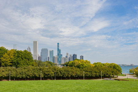 Sunny view of the downtown cityscape at Chicagoの写真素材