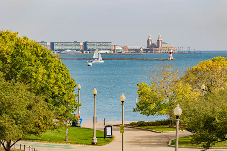 Sunny view of the Navy Pier at Chicagoの写真素材
