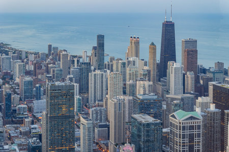 Sunset aerial view of the downtown landscape from the Willis Tower at Chicagoの写真素材