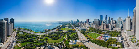 Sunny aerial view of the downtown cityscape at Chicago