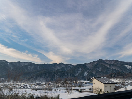 Daytime view of the rural snow landscape near Takayama at Japanの写真素材