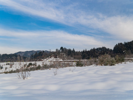 Daytime view of the rural snow landscape near Takayama at Japanの写真素材