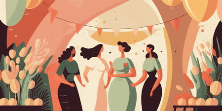 Flat vector illustration of a group of women in a cafe.のイラスト素材