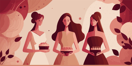 Beautiful women with cupcakes. Vector illustration in flat style.のイラスト素材