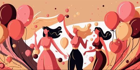 Vector illustration of a group of young women with balloons and ribbonsのイラスト素材
