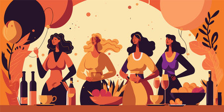 Happy women drinking wine and having fun at party, flat vector illustration.のイラスト素材
