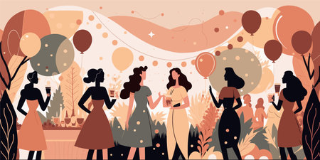 Happy women in the park with balloons. Vector illustration in flat styleのイラスト素材