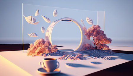 Coffee cup and tree in the morning. 3D renderingの素材