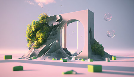 Abstract landscape with open door. 3d rendering, 3d illustration.の素材
