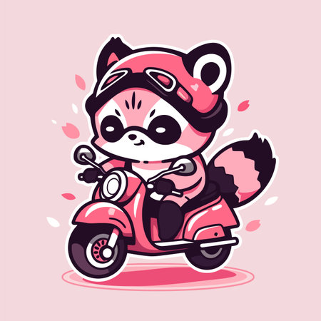 Cute raccoon riding a motorcycle. Vector illustration in cartoon style.のイラスト素材