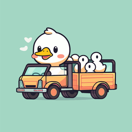 Cute duck driving a truck with snowballs. Vector illustration.のイラスト素材