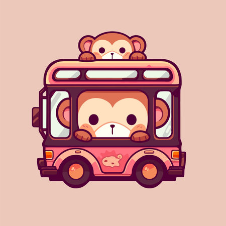Cute Cartoon Monkey Driving a Double-decker Bus Vector Illustrationのイラスト素材