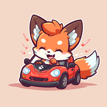 Cute fox driving a car. Vector illustration. Cartoon style.のイラスト素材