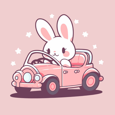 Cute cartoon bunny riding a car on a pink background. Vector illustration.のイラスト素材