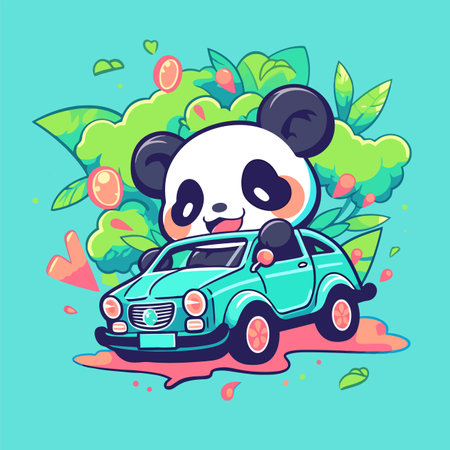 Cute panda driving a car on the road. Vector illustration.のイラスト素材