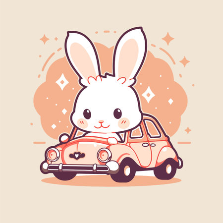 Cute bunny driving a car. Vector illustration in flat style.のイラスト素材
