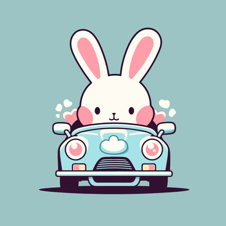 Rabbit driving a car. Cute cartoon character. Vector illustration.のイラスト素材