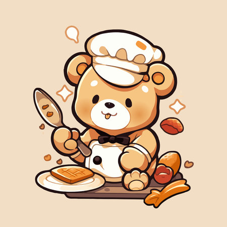 Cute bear chef with bread. Vector illustration in cartoon style.のイラスト素材