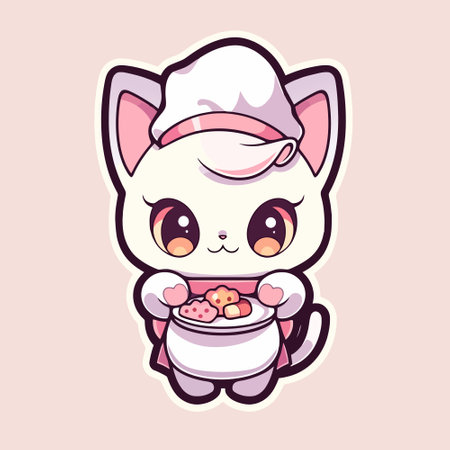 Cute kawaii cat chef with a plate of cookies. Vector illustration.のイラスト素材