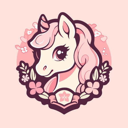 Cute pink unicorn head with flowers and heart. Vector illustration.のイラスト素材