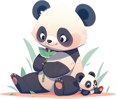 Illustration of a Cute Cartoon Panda Mother and Baby Pandaの素材