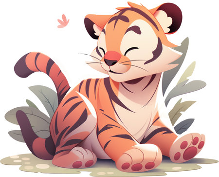 Vector illustration of a cute tiger sitting on the ground with leaves.の素材