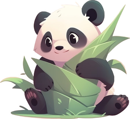Illustration of a Cute Cartoon Panda Sitting on a Green Leafの素材