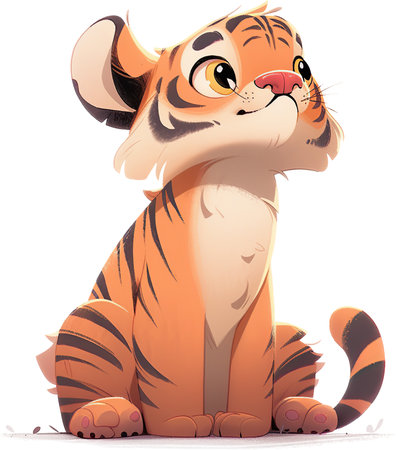 Cute cartoon tiger sitting on a white background. Vector illustration.の素材