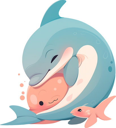 Illustration of a Cute Little Whale with Fish in the Backgroundの素材