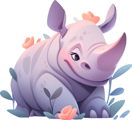 Cute cartoon rhinoceros with flowers. Vector illustration.の素材