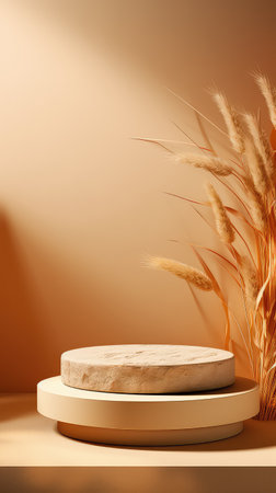 3d render of minimal display podium or stand for cosmetic product presentation with dry grass.の素材