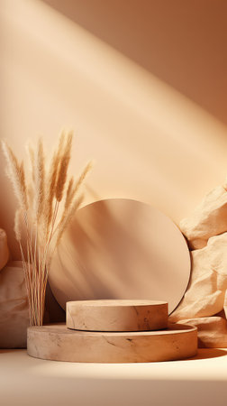 3d render of beige podium for product presentation with dried pampas grass. Minimalistic background.の素材