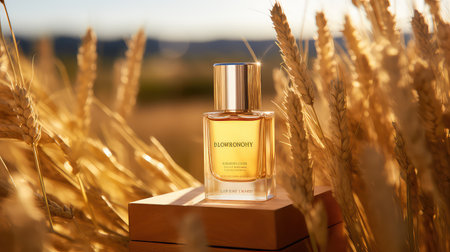 Perfume bottle on golden wheat field, closeup. Beauty productsの素材