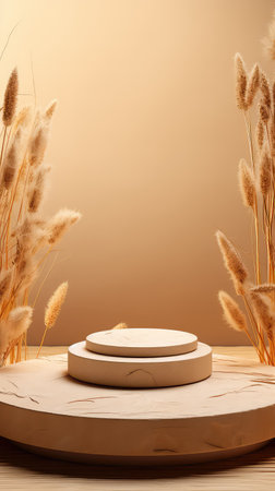 3d render, abstract minimal geometric forms, podium for product display, brown backgroundの素材