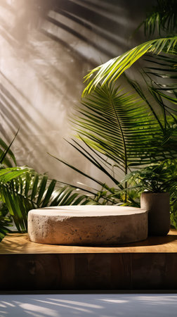 Podium for product presentation with green palm leaves in tropical garden.の素材