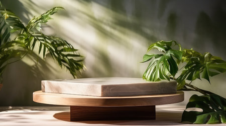 Wooden podium for product presentation with tropical leaves and shadow on the wallの素材