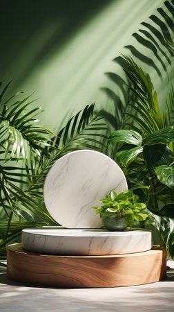 3d render of white marble podium on green background with tropical plantsの素材