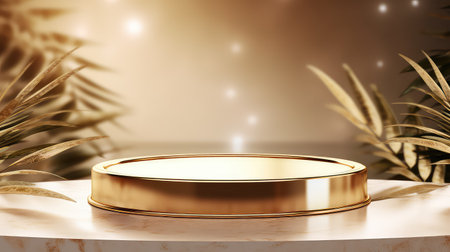 Golden round podium with palm leaves on white marble background. 3d renderの素材