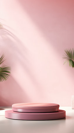 Minimalist abstract scene with pink podium and palm leaves. 3d renderの素材
