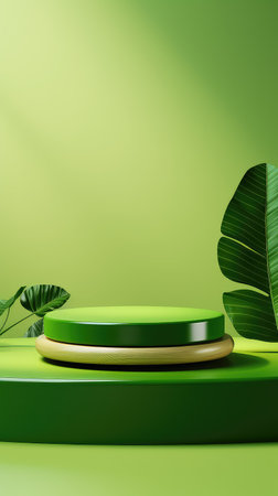 Green podium for product presentation with tropical leaves. 3d rendering.の素材