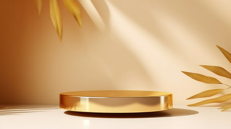 3d render of golden podium for product presentation with leaves shadows.の素材