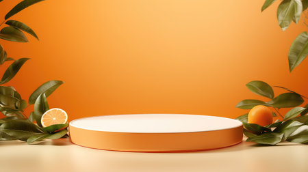 3d render of orange podium with green leaves and oranges on orange backgroundの素材