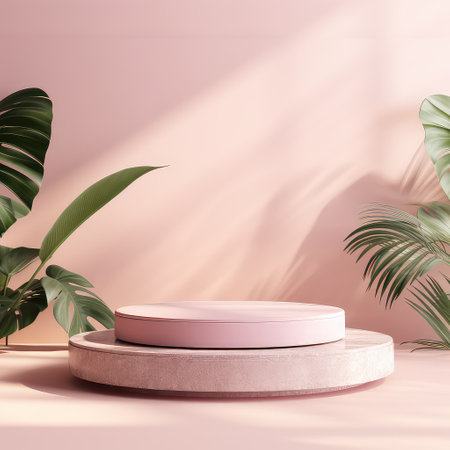 3d rendering of minimal geometric forms. Pink podium for product presentation in minimal style.の素材