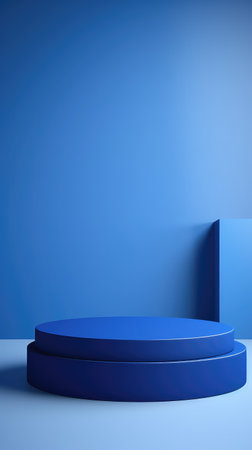 Blue pedestal on blue background. 3d render. Mock upの素材