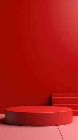 3d render of abstract minimal geometric forms. Glossy red podium for your designの素材