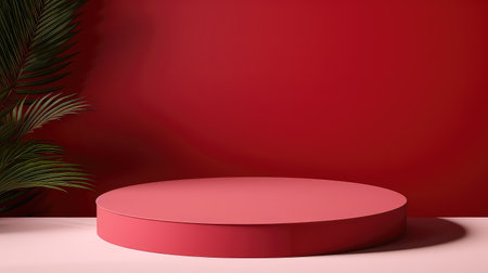 3d render of red round podium on red background with palm leavesの素材