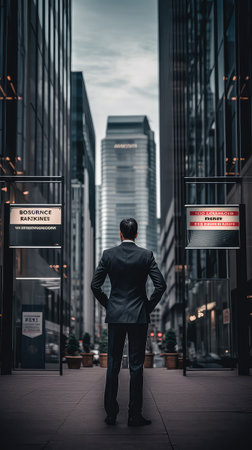 Rear view of a young businessman standing on the street looking at the cityの素材